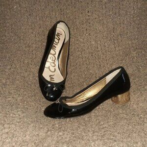 SAM EDELMAN-Natalie-Black Patent Leather-Ribbon Trim-Bow-Gold Heel-7.5-Near Mint